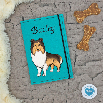 Designbeispiel der Impfpasshülle türkis hell für die Hunderasse Collie Langhaar dark sable